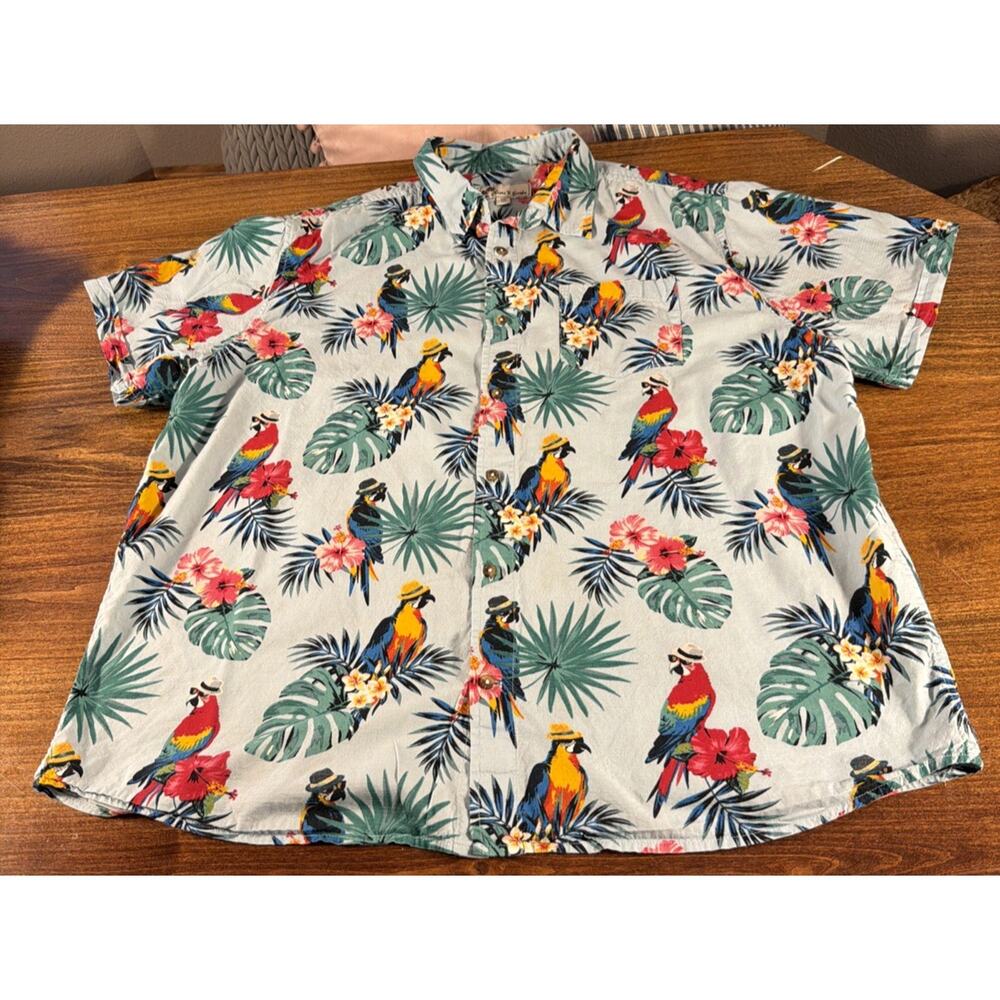 Oliver and Burke Blue Hawaiian Shirt Mens 3XL Tropical Palms Parrots w/ Hats